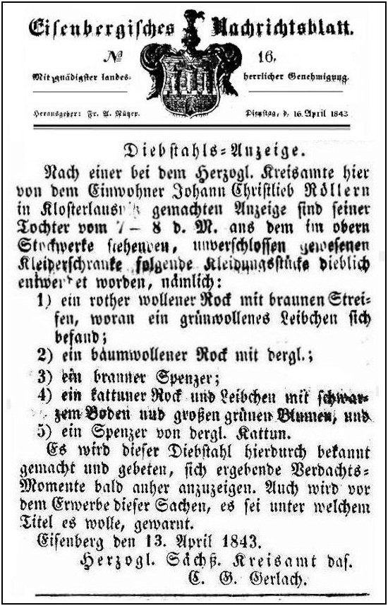 08.04.1843 Diebstahl von Bekleidungsgegenständen