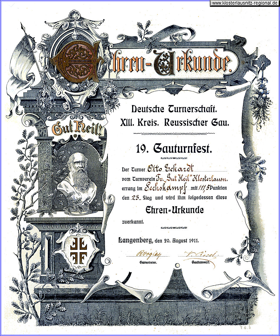 Die Urkunde vom 19. Gauturnfest vom 20.08.1911 für Otto Eckardt 