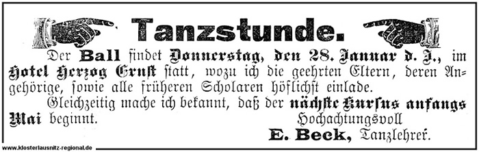 Ankündigung eines Tanzstundenballes am Donnerstag, den 28.01.1909 und Hinweis auf neuen Kurz ab Mai des Jahres. 