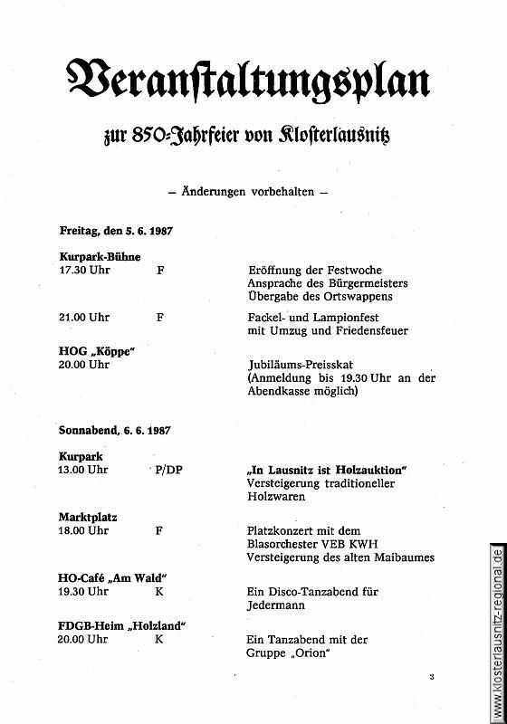 Festprogramm der 850-Jahr-Feier vom 5. bis 14.06.1987