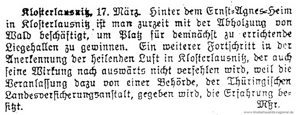 Im Jahr 1926 wurde hinter dem Heim Wald gerodet und eine Liegehalle errichtet.