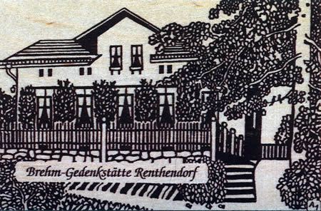 Holzpostkarte Brehm-Gedenkstätte Renthendorf