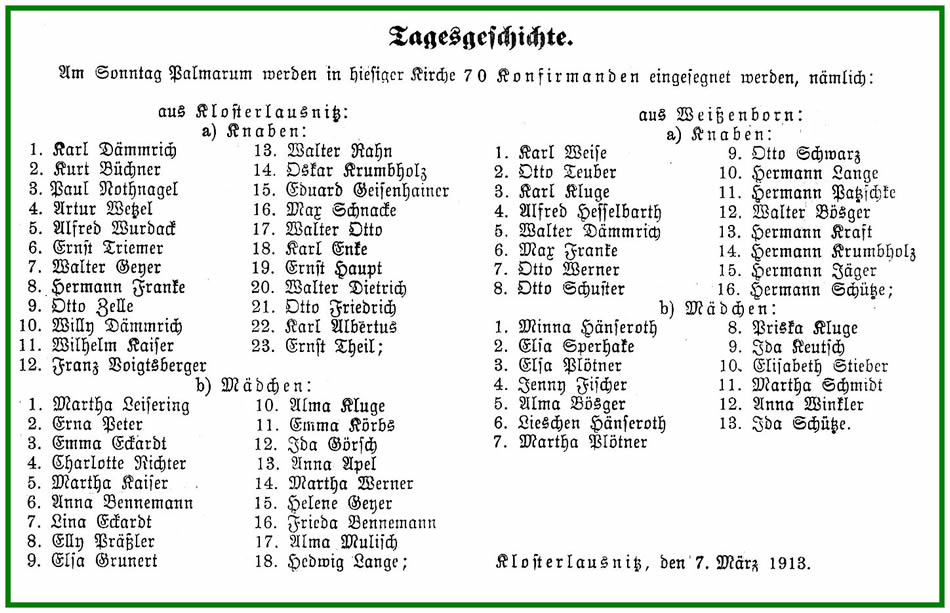 Klassenjahrgang 1905 - 1913 Liste von 1913 der Konfirmanten