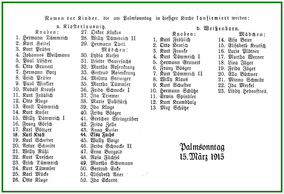 Klassenjahrgang 1907 - 1915 Liste von 1915 der Konfirmanten