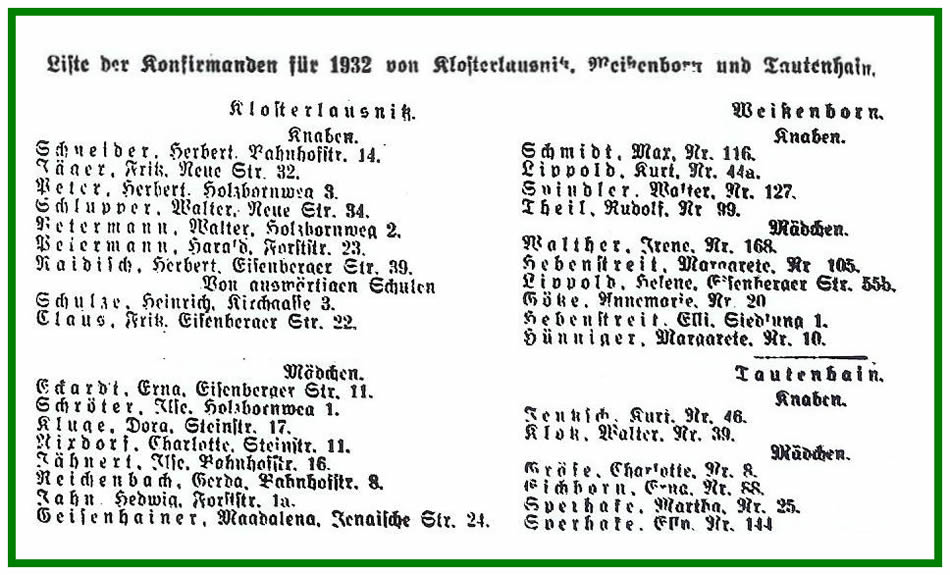 Klassenjahrgang 1924 - 1932 Liste von 1932 der Konfirmanten