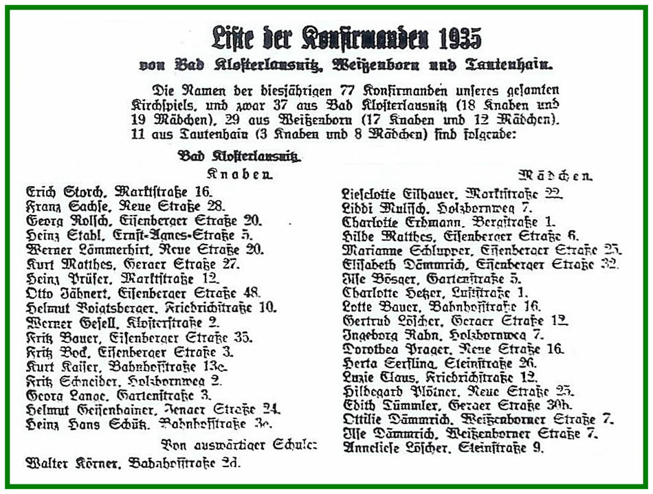 Klassenjahrgang 1927 - 1935 Liste von 1935 der Konfirmanten