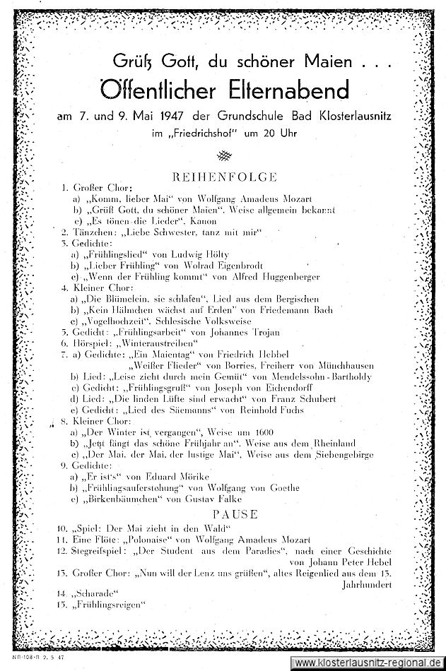 Öffentlicher Elternabend 7. und 09.05.1947