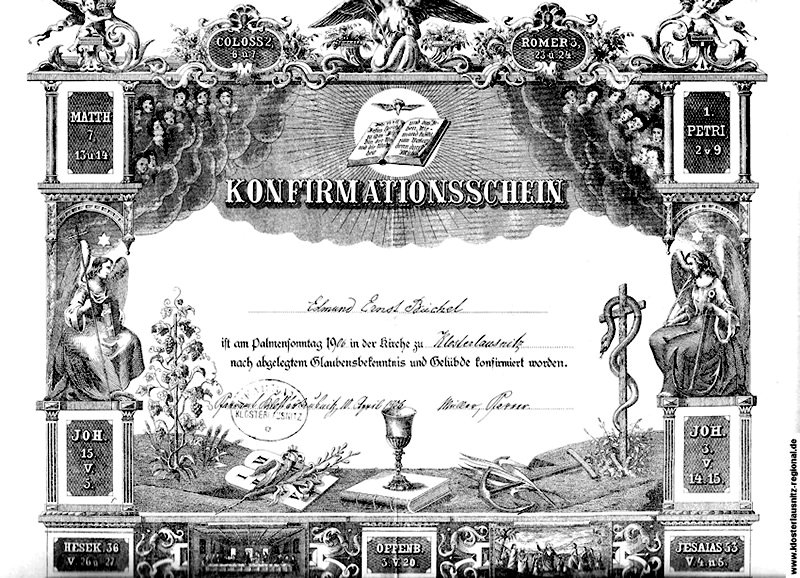 Konfirmationsurkunde von Edmund Ernst Büchel vom 10.04.1906, ausgestellt vom Pfarrer Carl Gottwert Müller.