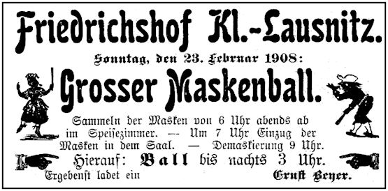 Einladung zum Maskenball in den Friedrichshof am 23.02.1908